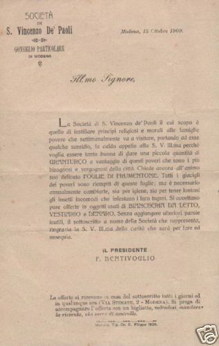 Società San Vincenzo De' Paoli Modena, F. Bentivoglio, 1909. Documento Storico.