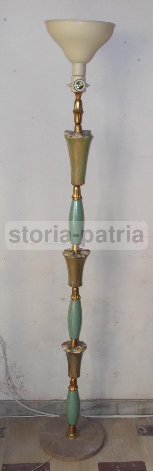 Lampada Piantana Anni '50 Con Decori Floreali In Ceramica E Ottone