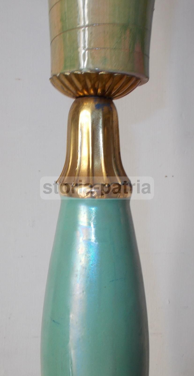 Lampada Piantana Anni '50 Con Decori Floreali In Ceramica E Ottone