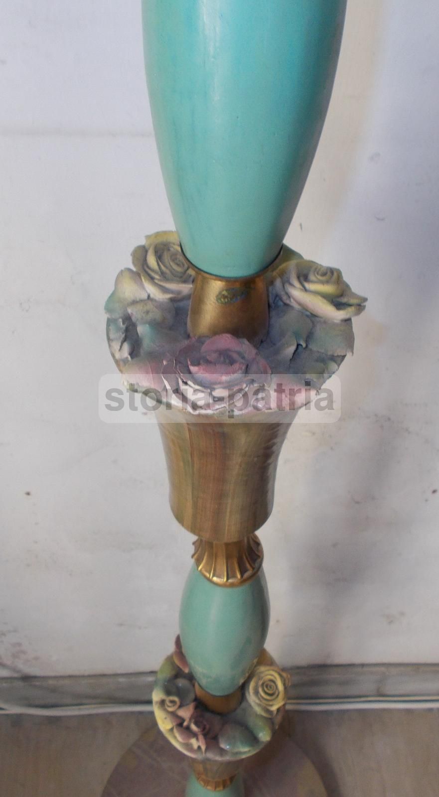 Lampada Piantana Anni '50 Con Decori Floreali In Ceramica E Ottone