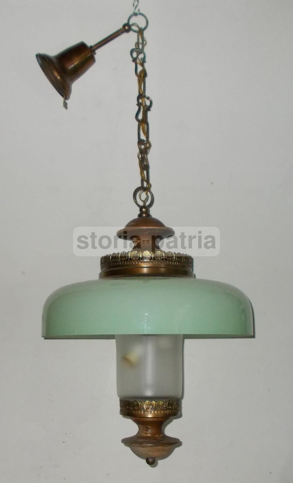Lampadario Vintage In Vetro Verde E Legno (anni 1950 1970)   Modernariato