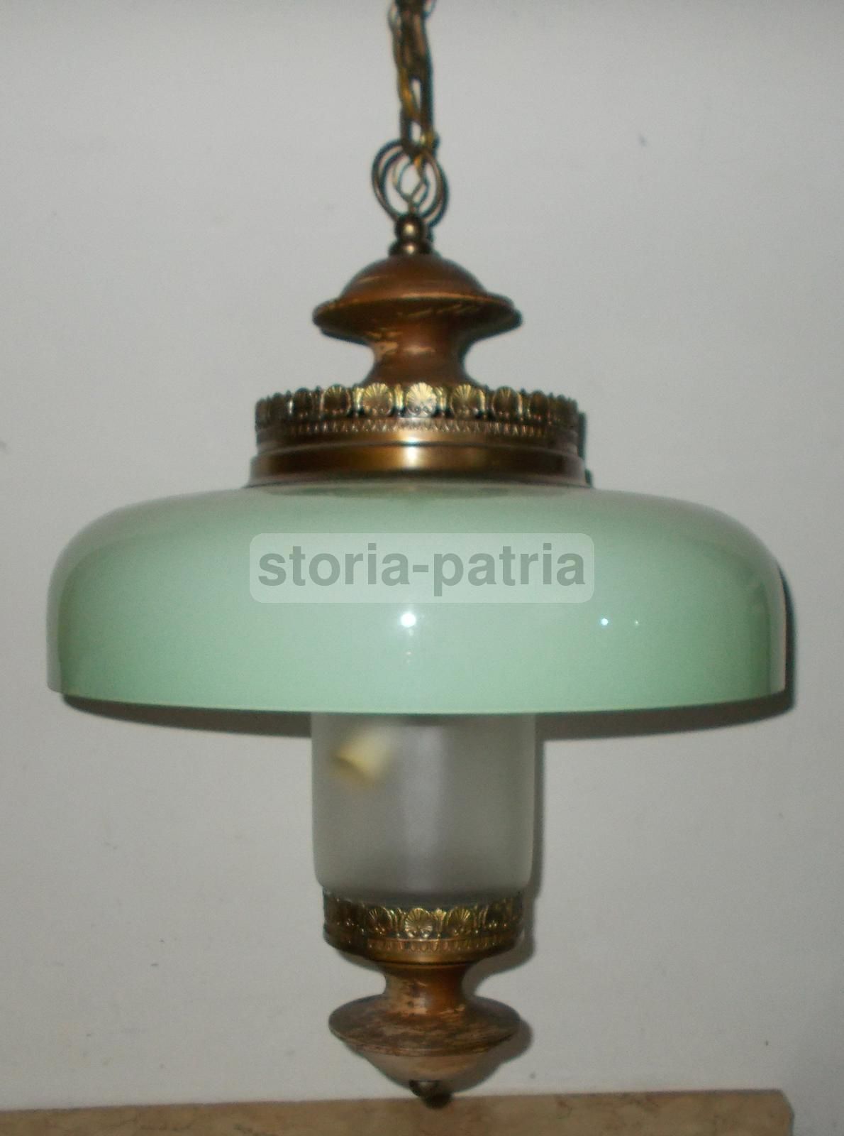 Lampadario Vintage In Vetro Verde E Legno (anni 1950 1970)   Modernariato