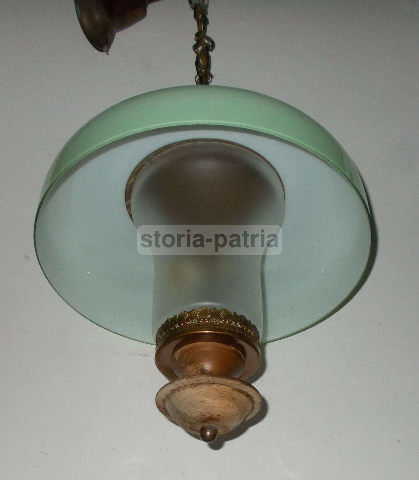 Lampadario Vintage In Vetro Verde E Legno (anni 1950 1970)   Modernariato