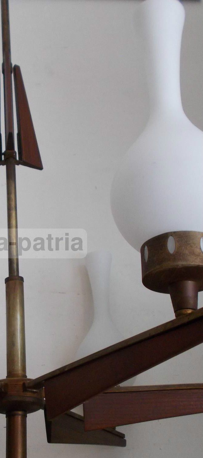 Lampadario Vintage Sei Luci Ottone Brunito E Vetro Anni '50 '70