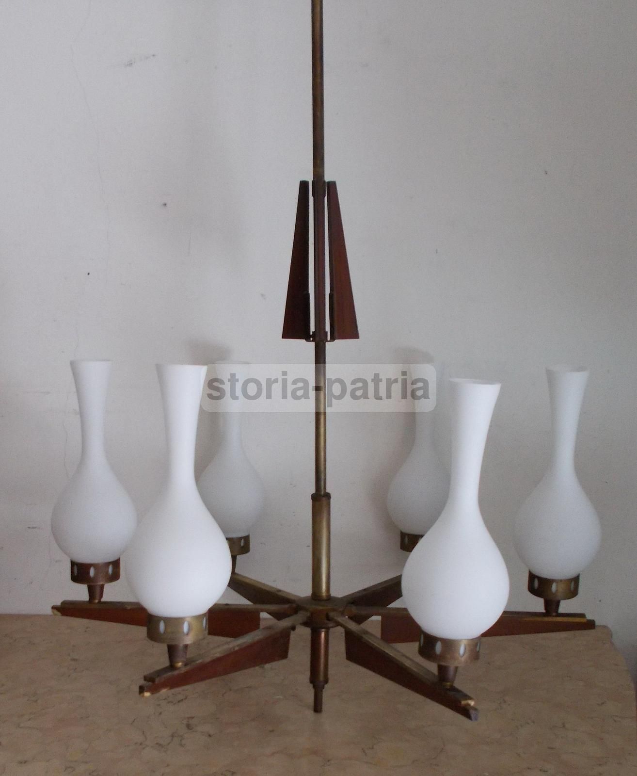 Lampadario Vintage Sei Luci Ottone Brunito E Vetro Anni '50 '70