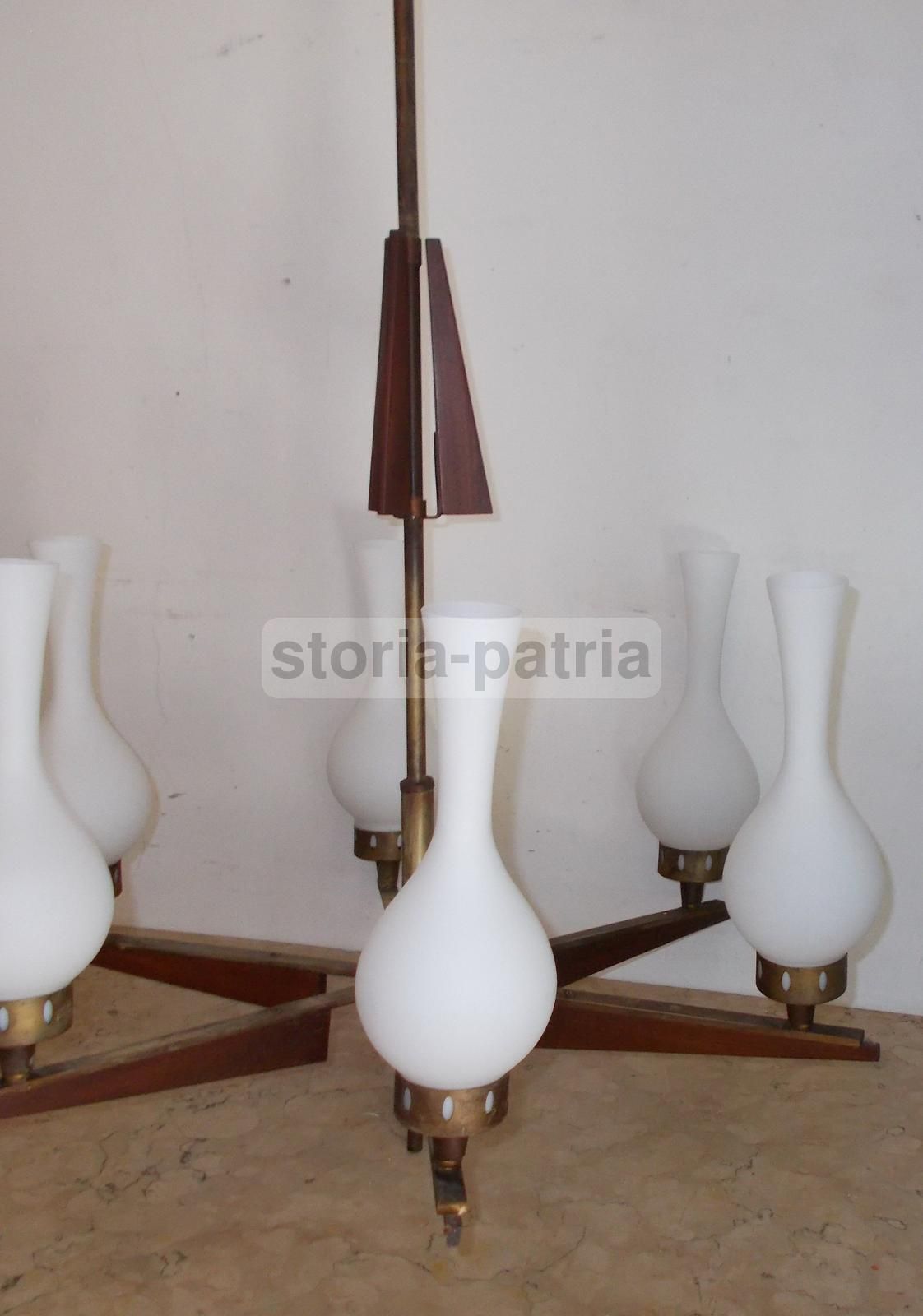 Lampadario Vintage Sei Luci Ottone Brunito E Vetro Anni '50 '70