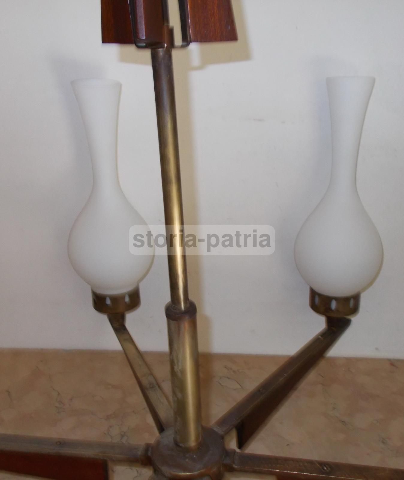 Lampadario Vintage Sei Luci Ottone Brunito E Vetro Anni '50 '70