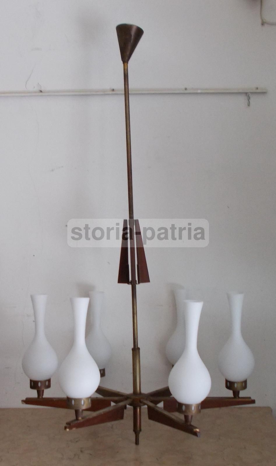 Lampadario Vintage Sei Luci Ottone Brunito E Vetro Anni '50 '70