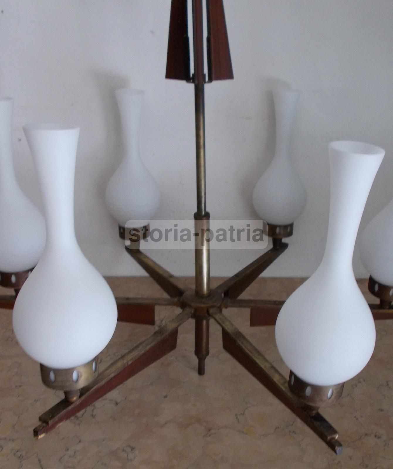 Lampadario Vintage Sei Luci Ottone Brunito E Vetro Anni '50 '70
