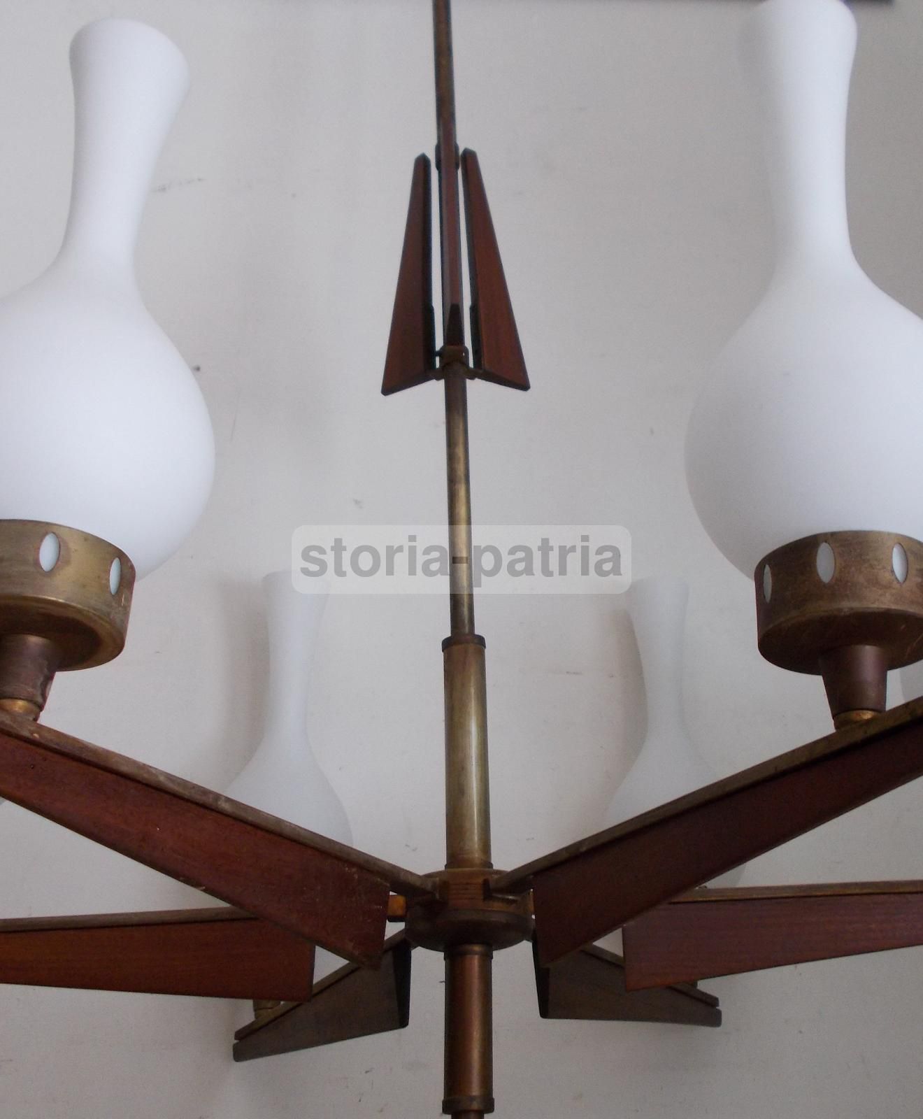 Lampadario Vintage Sei Luci Ottone Brunito E Vetro Anni '50 '70