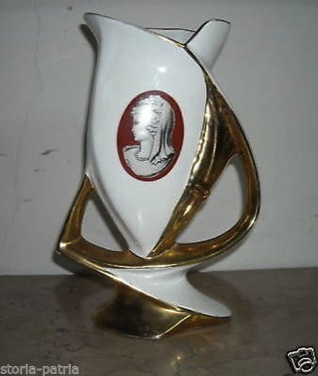 Vaso Portafiori Ceramica Anni '50 Con Cammeo E Finiture Oro