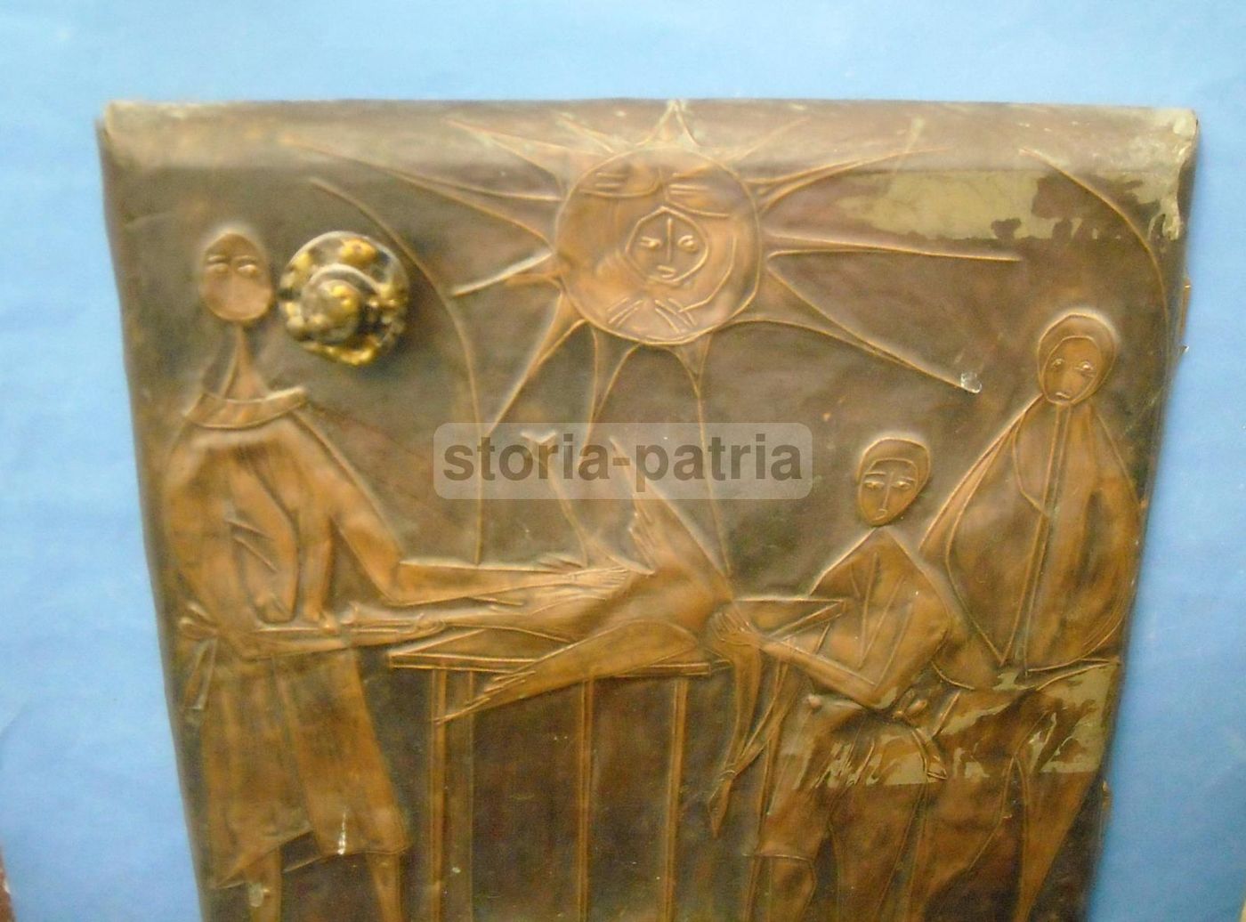 Mobile Credenza Modernariato Con Pannelli In Rame Sbalzato, Anni '50