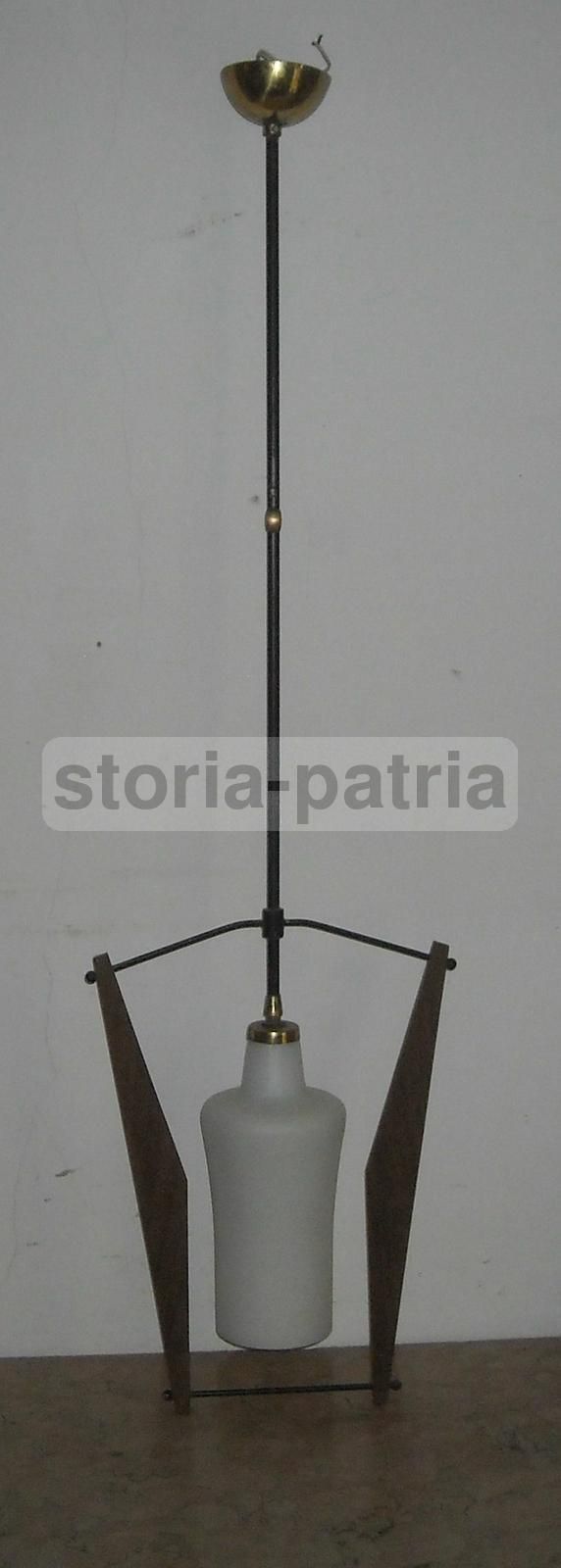 Lampadario Vintage Anni '50 '70 In Metallo Brunito E Vetro Opalino