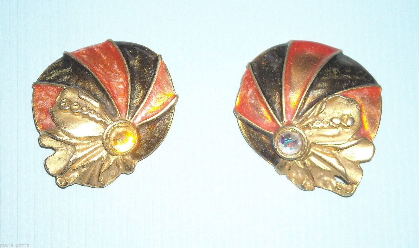 Orecchini Vintage Liberty Smaltati Metallo Dorato Anni '50