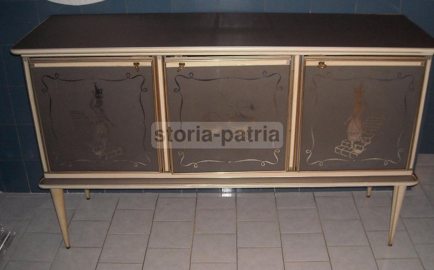 Credenza Modernariato Anni '50 Con Vetri Incisi E Specchi