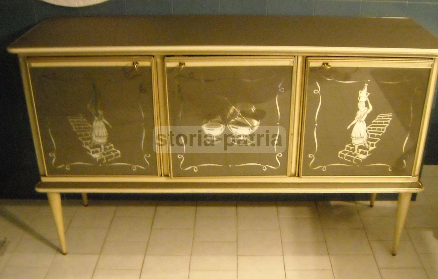 Credenza Modernariato Anni '50 Con Vetri Incisi E Specchi