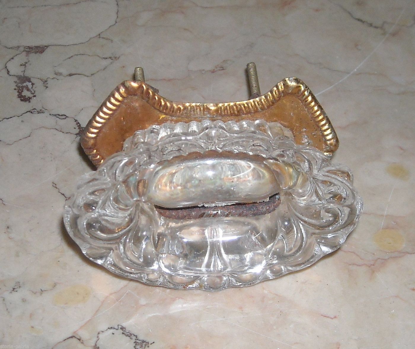 Maniglia Pomolo Vintage In Vetro E Ottone Decorato, Anni '30 '50