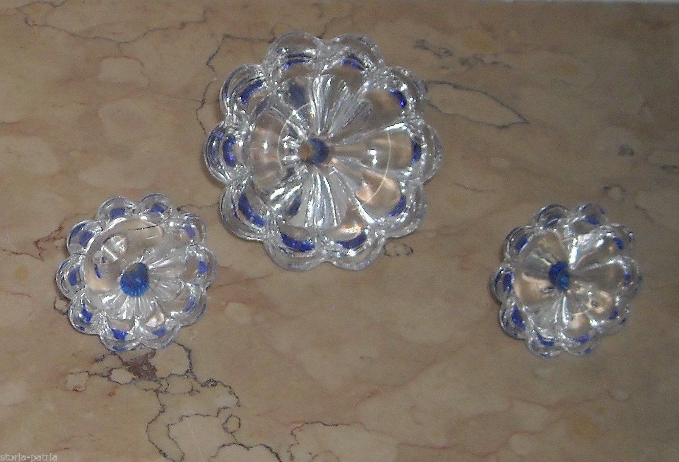 Tris Maniglie Pomoli In Vetro Azzurro Epoca Liberty Decò Anni '20