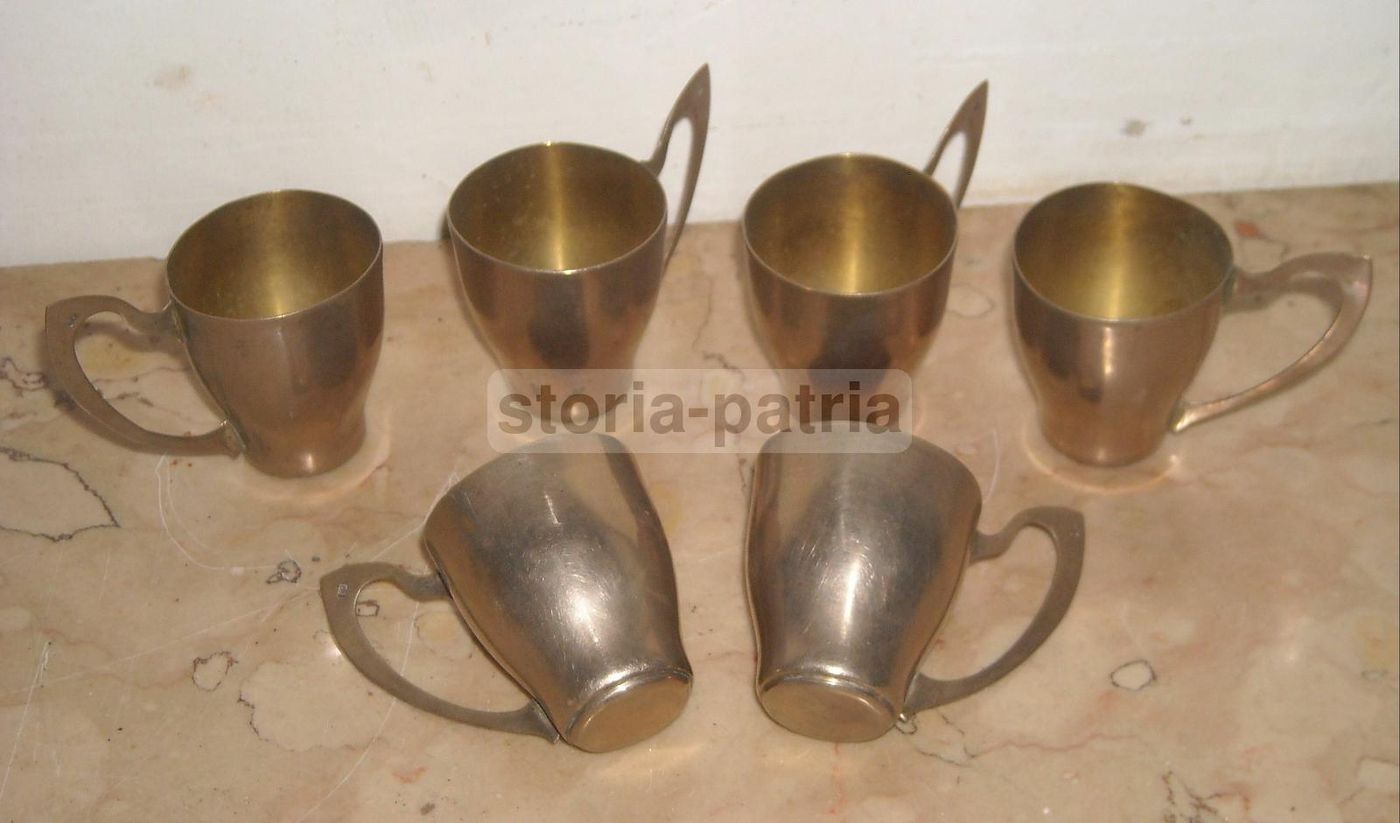 Set 6 Bicchierini Da Rosolio In Metallo Argentato, Anni 1930 1950