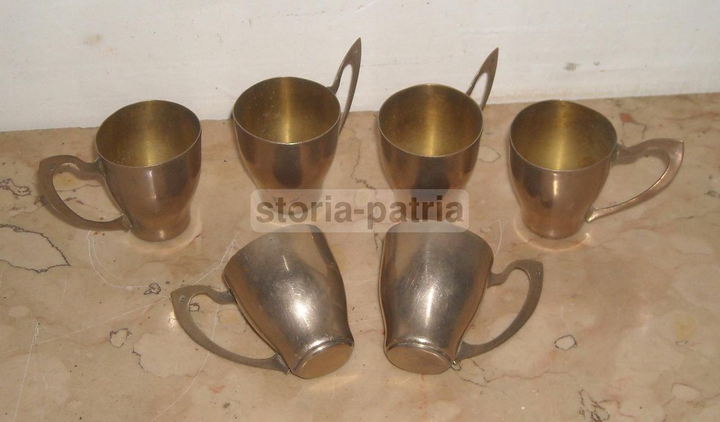 Set 6 Bicchierini Da Rosolio In Metallo Argentato, Anni 1930 1950