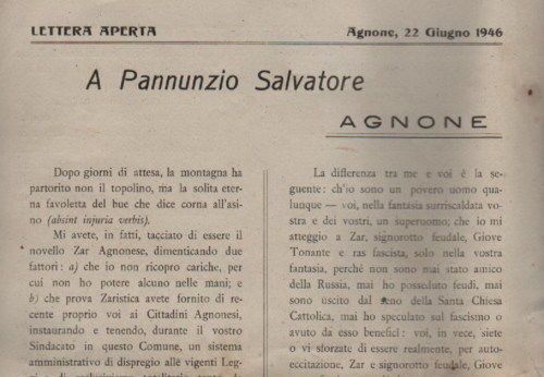 Lettera Aperta Gamberale, 1946 Agnone (Molise). Foglio Volante Raro