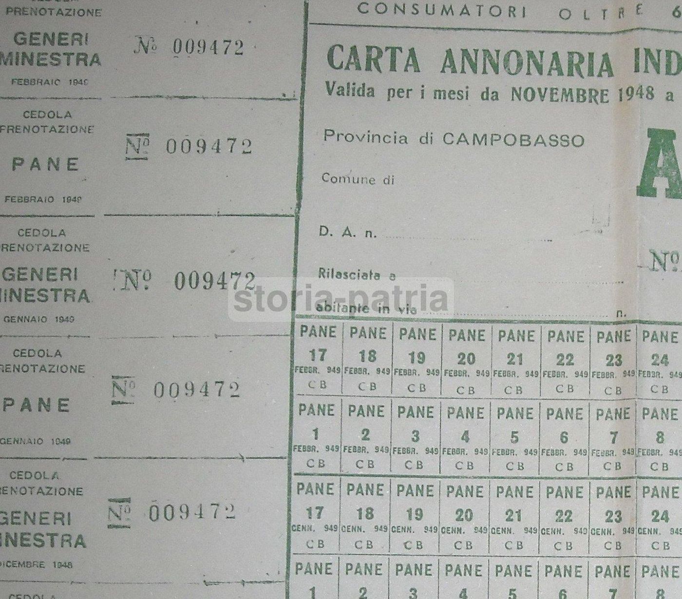 Carta Annonaria Individuale Della Provincia Di Campobasso (1948)