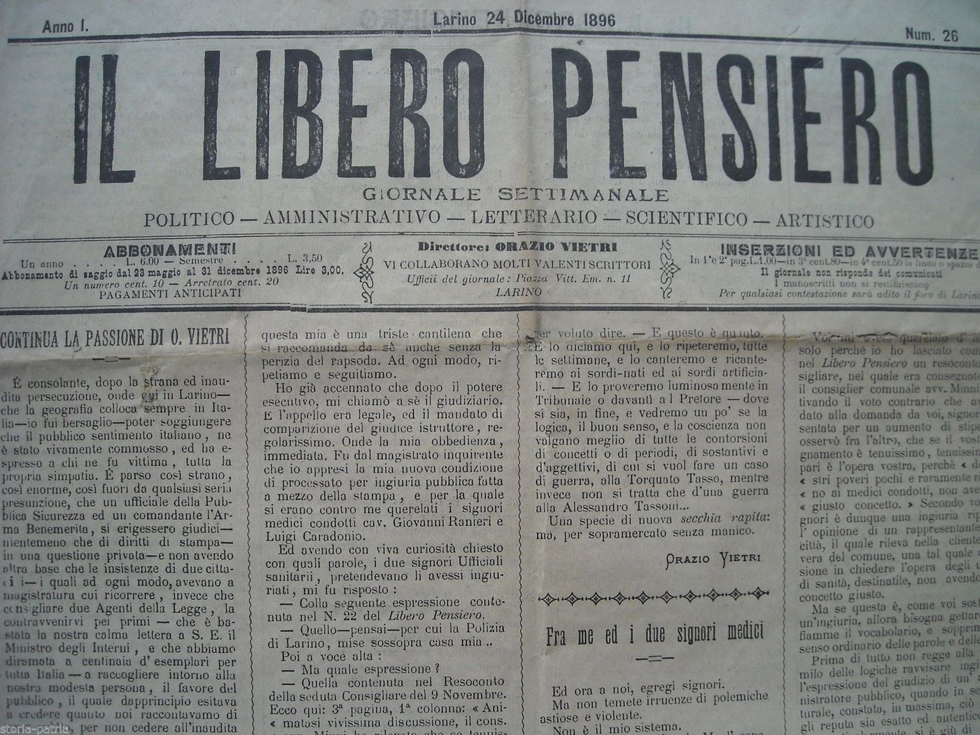 Il Libero Pensiero 1896 Giornale Larino Molise Orazio Vietri