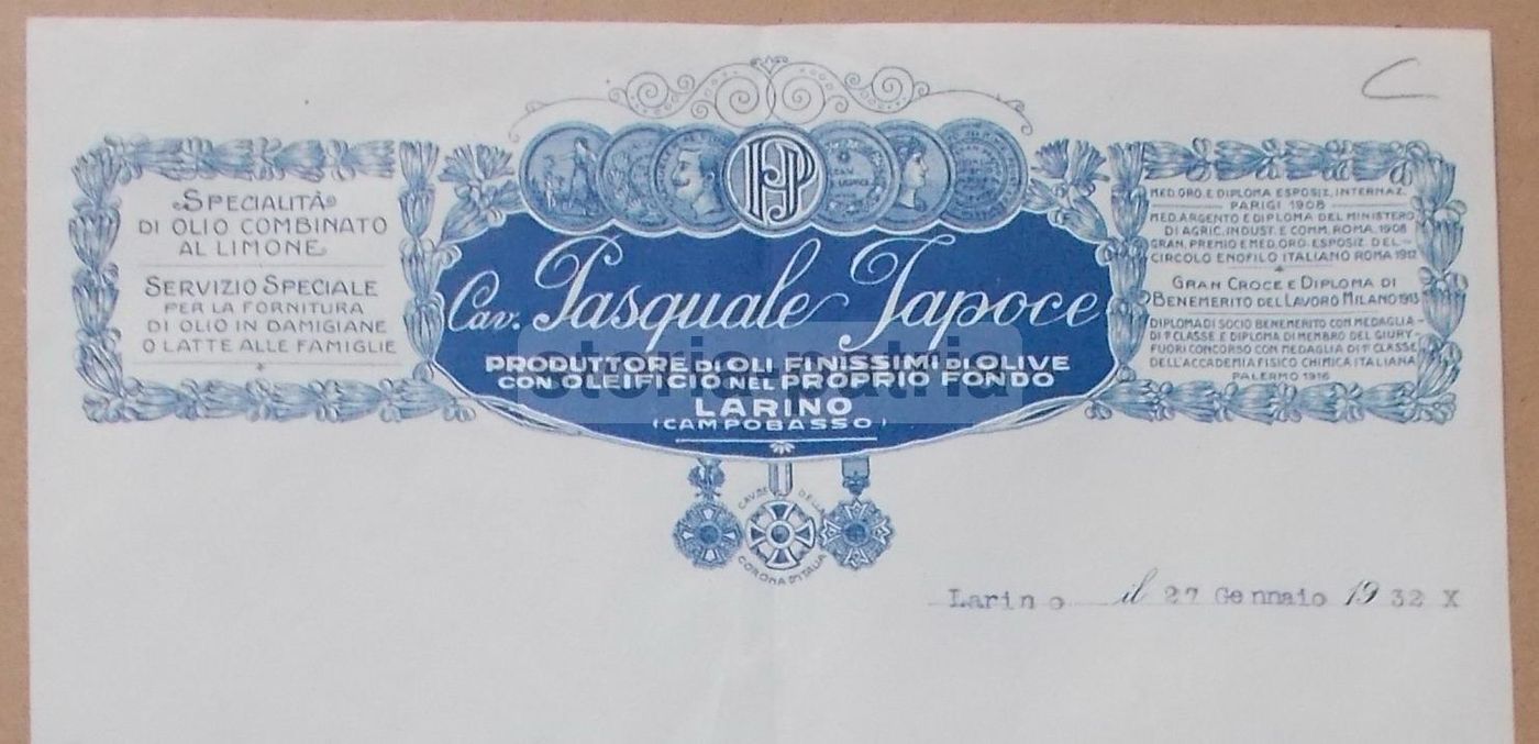 Carta Intestata Oleificio Japoce Larino Molise Anni '30 Con Araldica