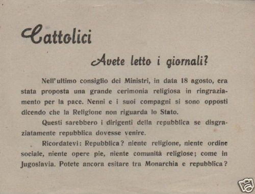Volantino Referendum Monarchia Repubblica 1946: Appello Ai Cattolici E Pietro Nenni