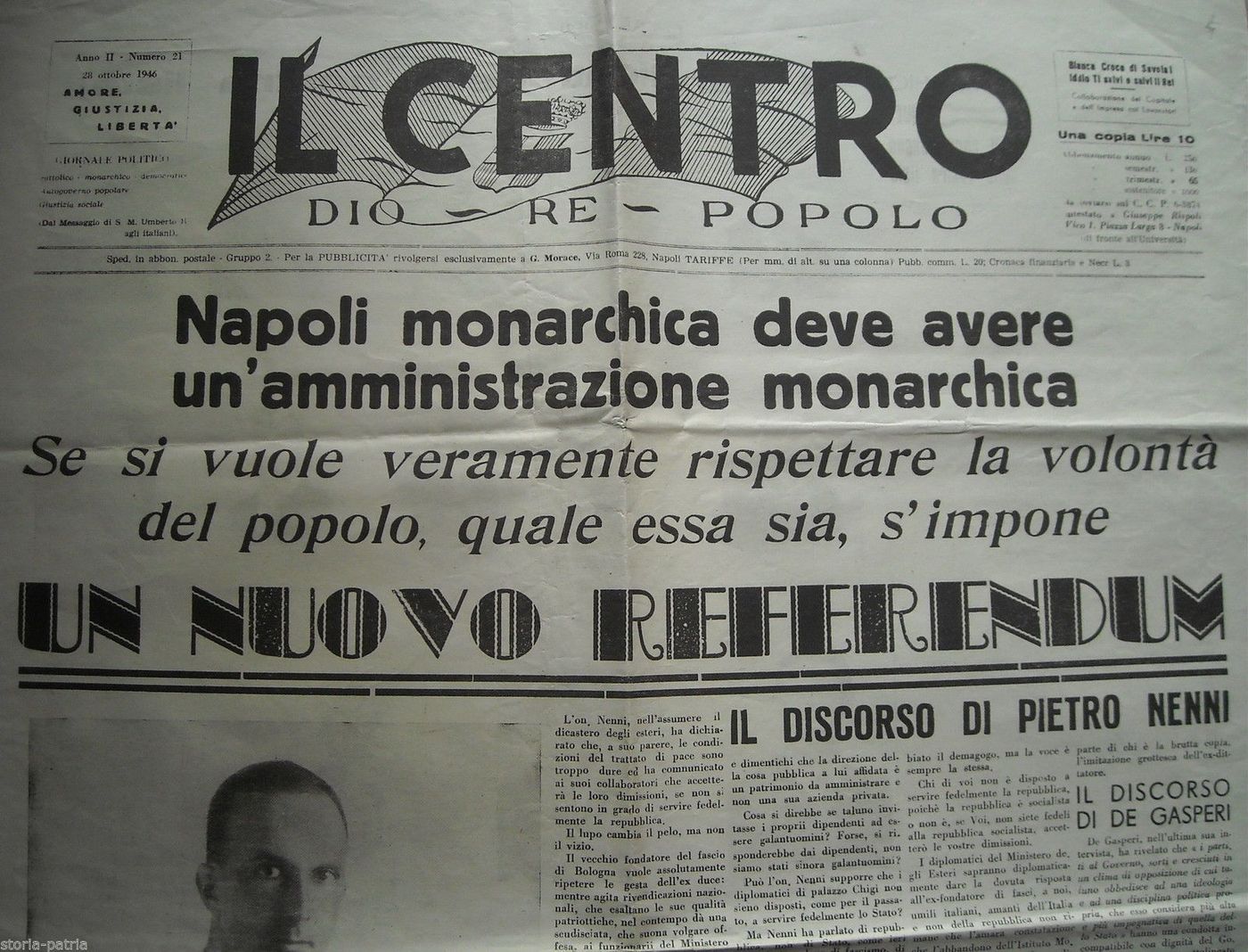 Il Centro, 28 Ottobre 1946: Giornale Politico Monarchico Napoletano Con Ritratto Di Umberto Di Savoia