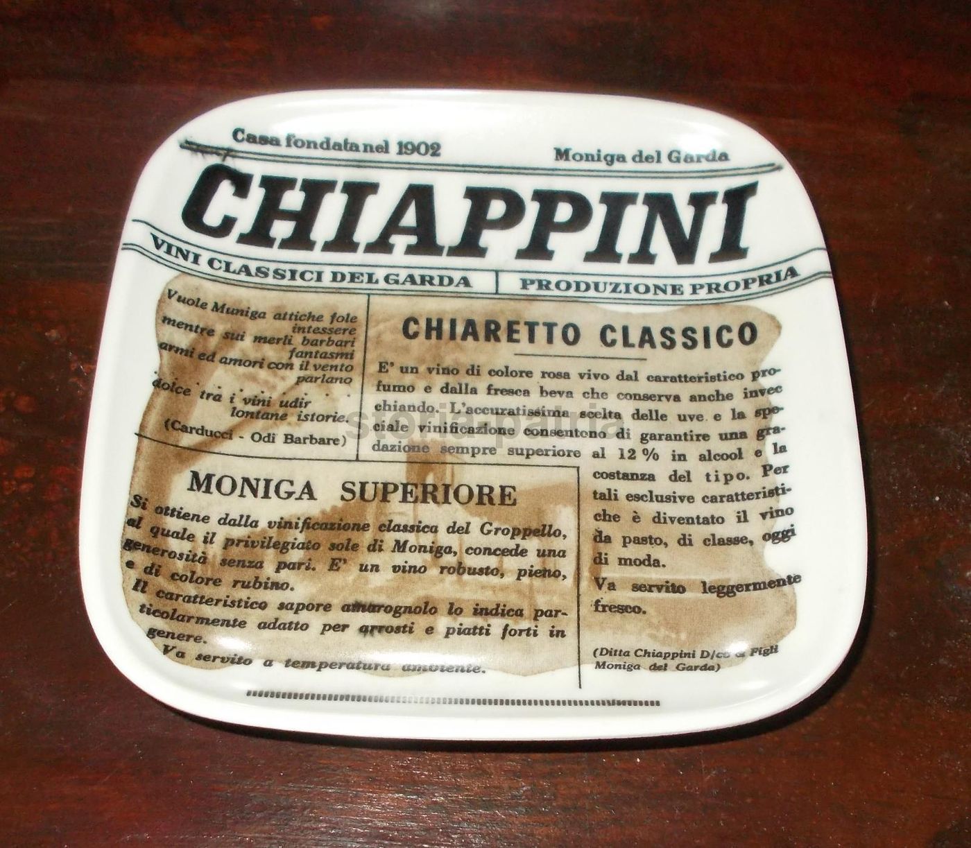 Piattino Pubblicitario Chiappini: Vini Classici Del Garda, Moniga Del Garda
