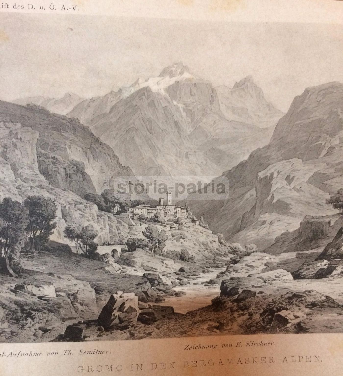 Gromo Nelle Alpi Bergamasche, Incisione Antica Di E. Kirchner, Fine 1800