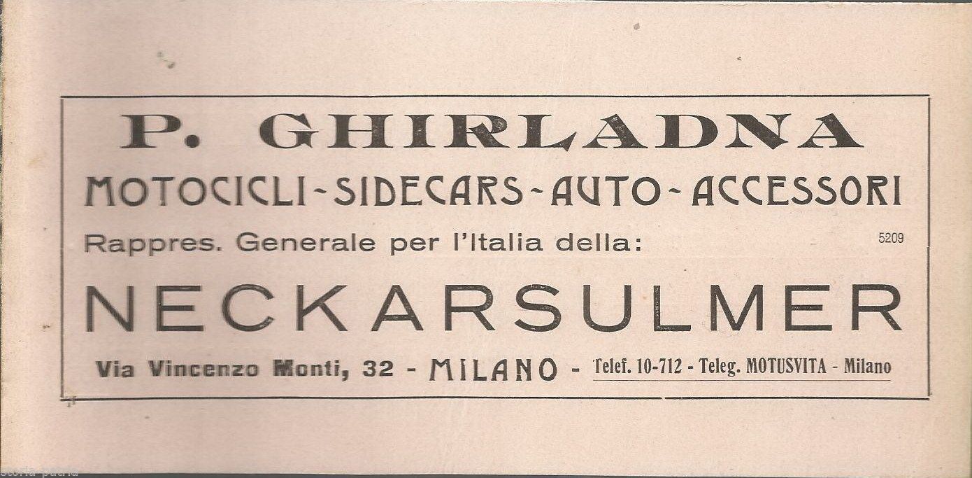 Pubblicità Antica Moto NSU Neckarsulmer Milano Ghirlanda 1922