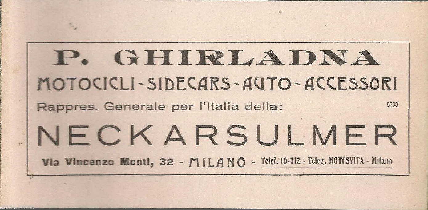 Antique Advertisement for NSU Neckarsulmer Motorcycles, Milan, Ghirlanda 1922