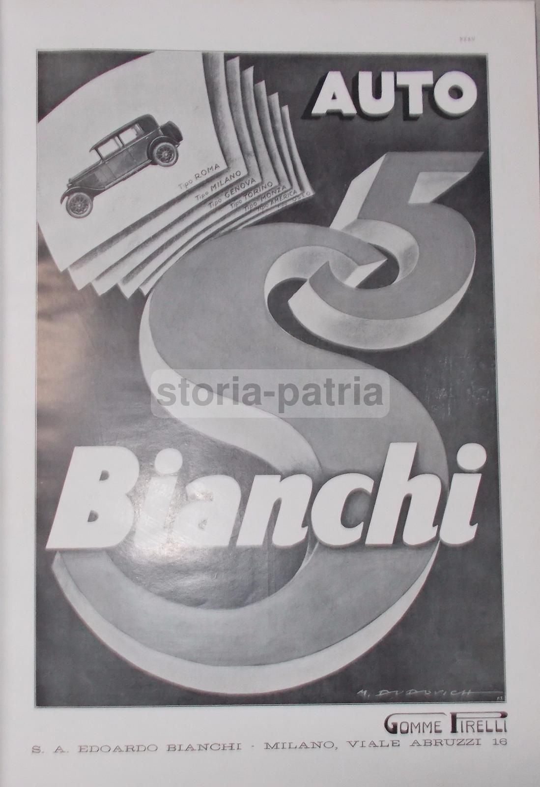 Pubblicità Automobili Bianchi Dudovich Pirelli Conklin 1930