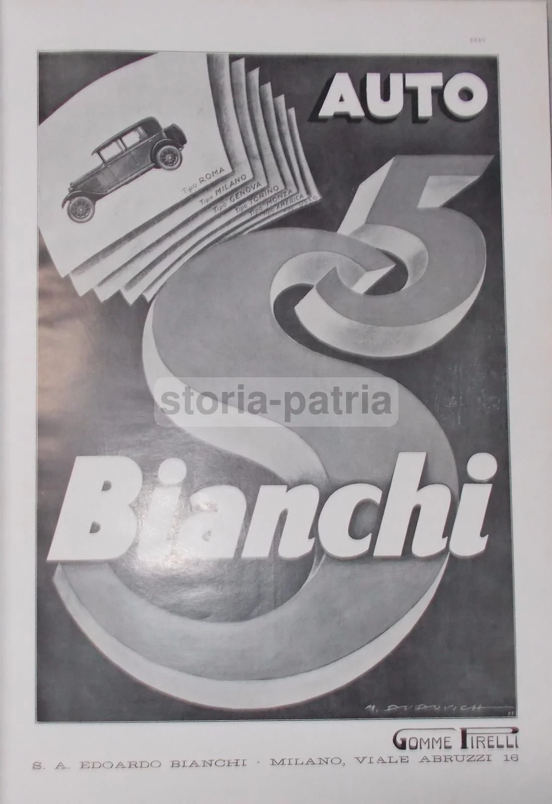Bianchi Automobiles Advertisement, Dudovich, Pirelli, 1930s, Original