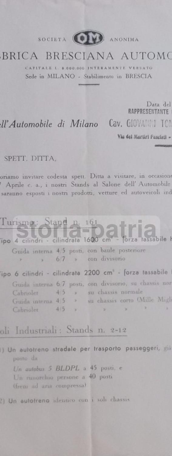 Volantino Pubblicitario OM Brescia Salone Milano, Anni '40