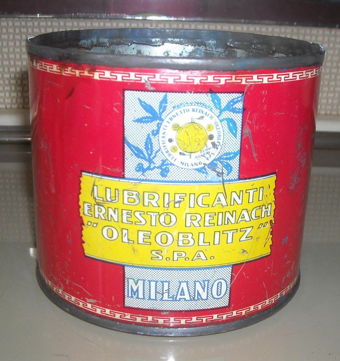 Scatola In Latta Lubrificanti Ernesto Reinach Sferul Oleoblitz Milano, Anni '30 '60