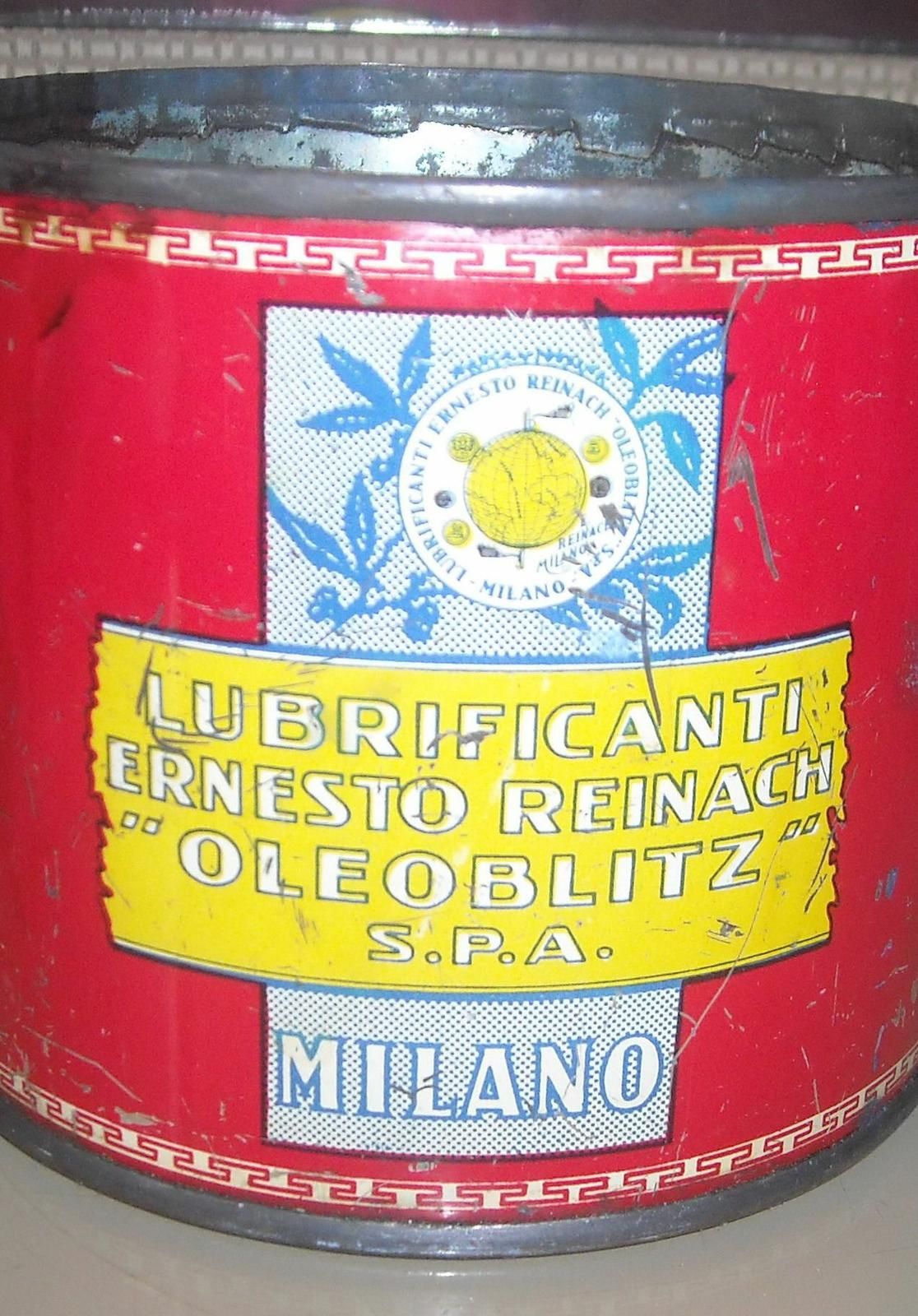 Scatola In Latta Lubrificanti Ernesto Reinach Sferul Oleoblitz Milano, Anni '30 '60