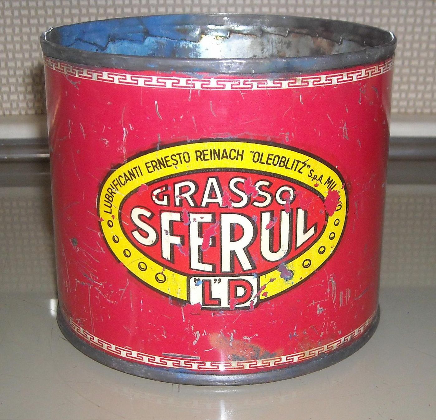 Scatola In Latta Lubrificanti Ernesto Reinach Sferul Oleoblitz Milano, Anni '30 '60