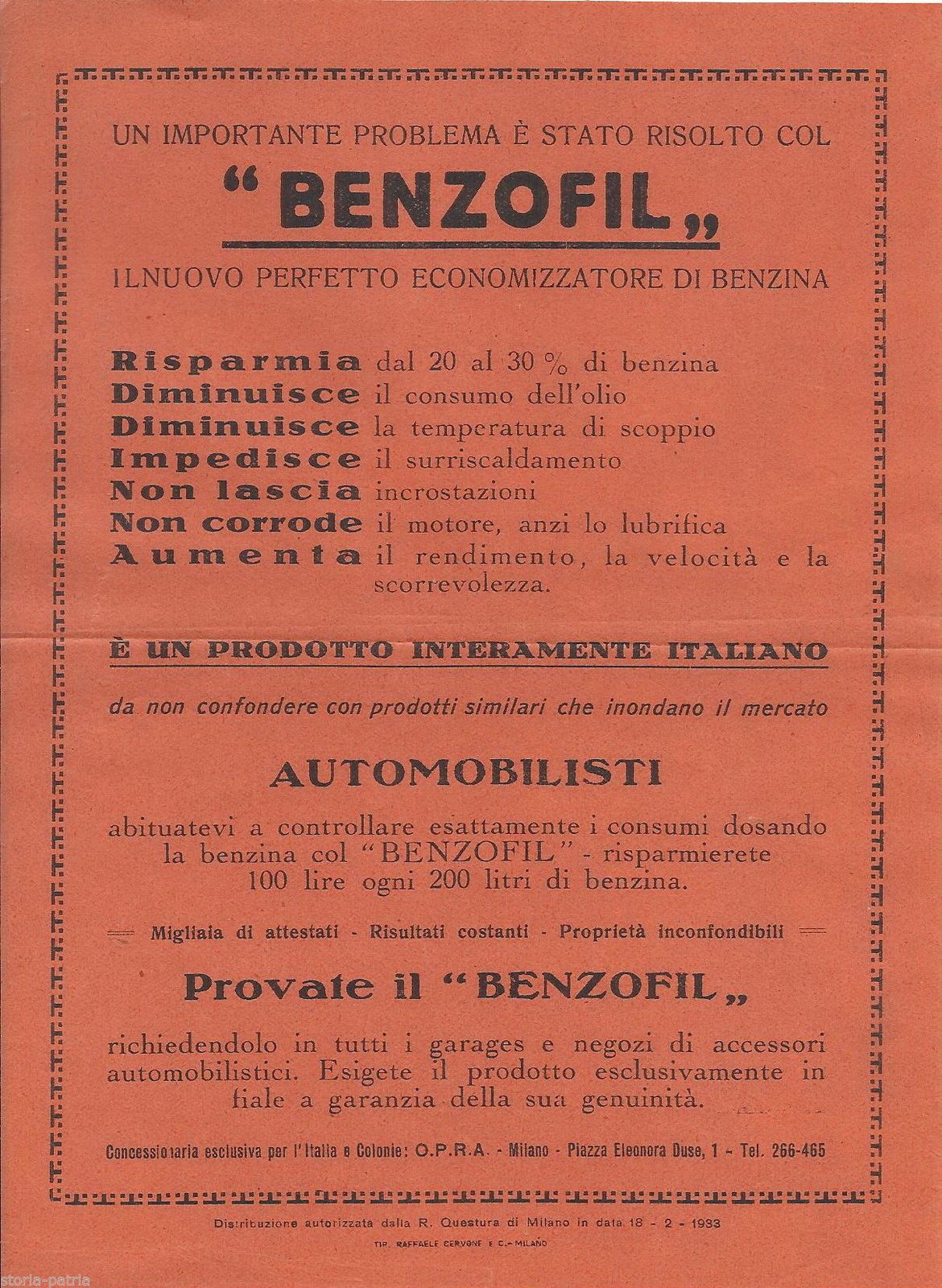 Volantino Pubblicitario Benzofil Economizzatore Benzina Anni '30