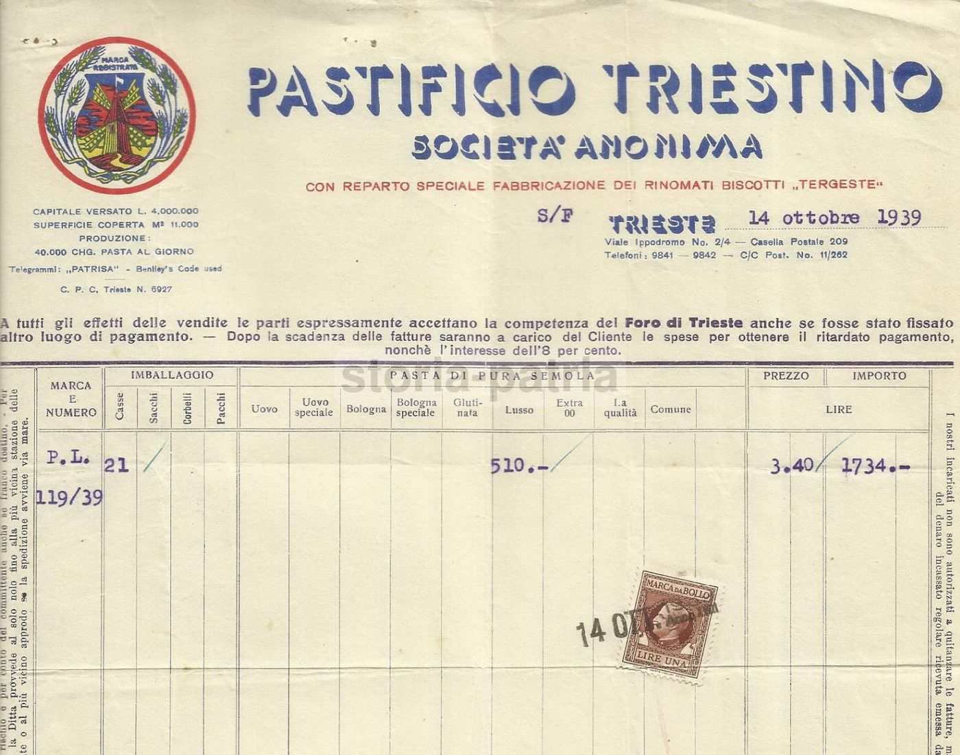 Carta Intestata Pastificio Triestino, 1939