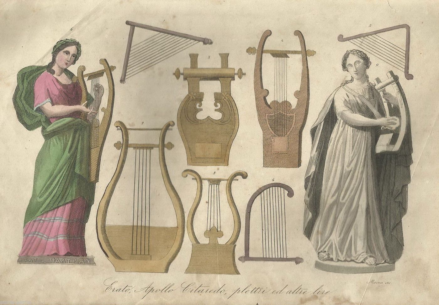 Stampa Antica Strumenti Musicali, Cetre E Lire, Apollo Ed Erato, Maina, XIX Secolo