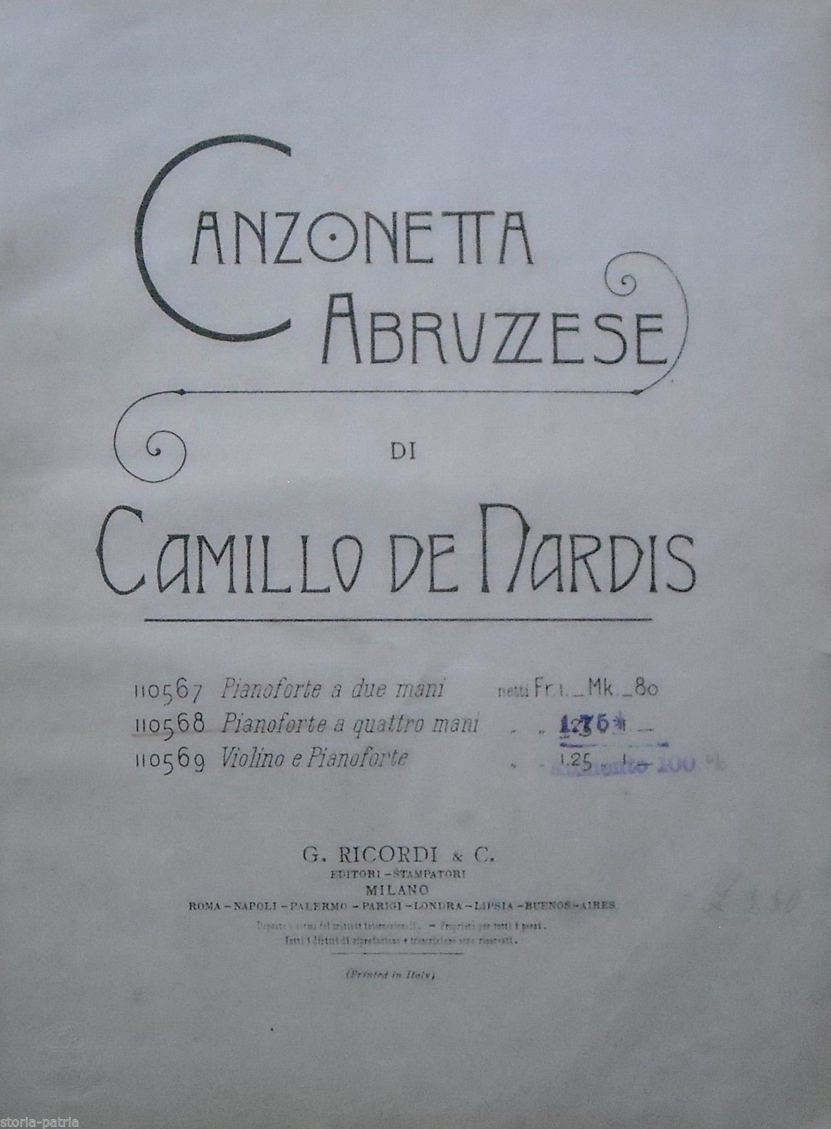 Canzonetta Abruzzese Di Camillo De Nardis: Spartito Antico Ricordi, 1914