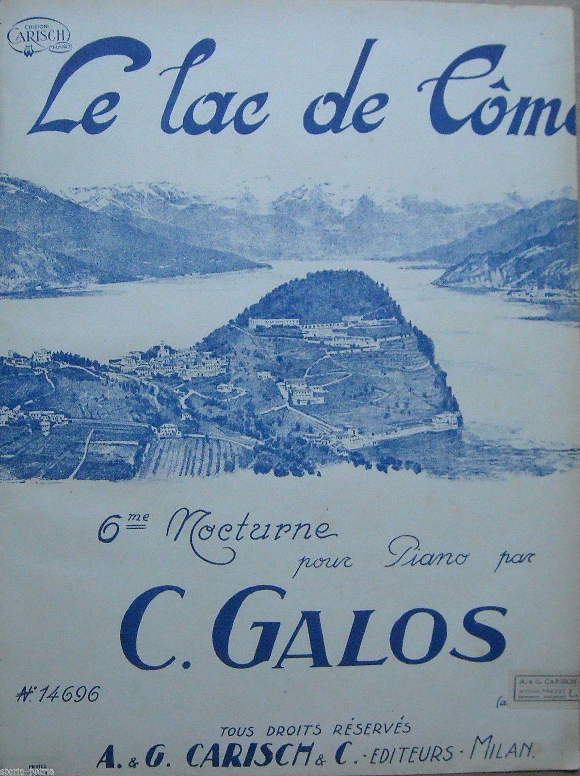 Spartito Antico Galos: Notturno Per Pianoforte "Le Lac De Como", Carisch, Primo '900