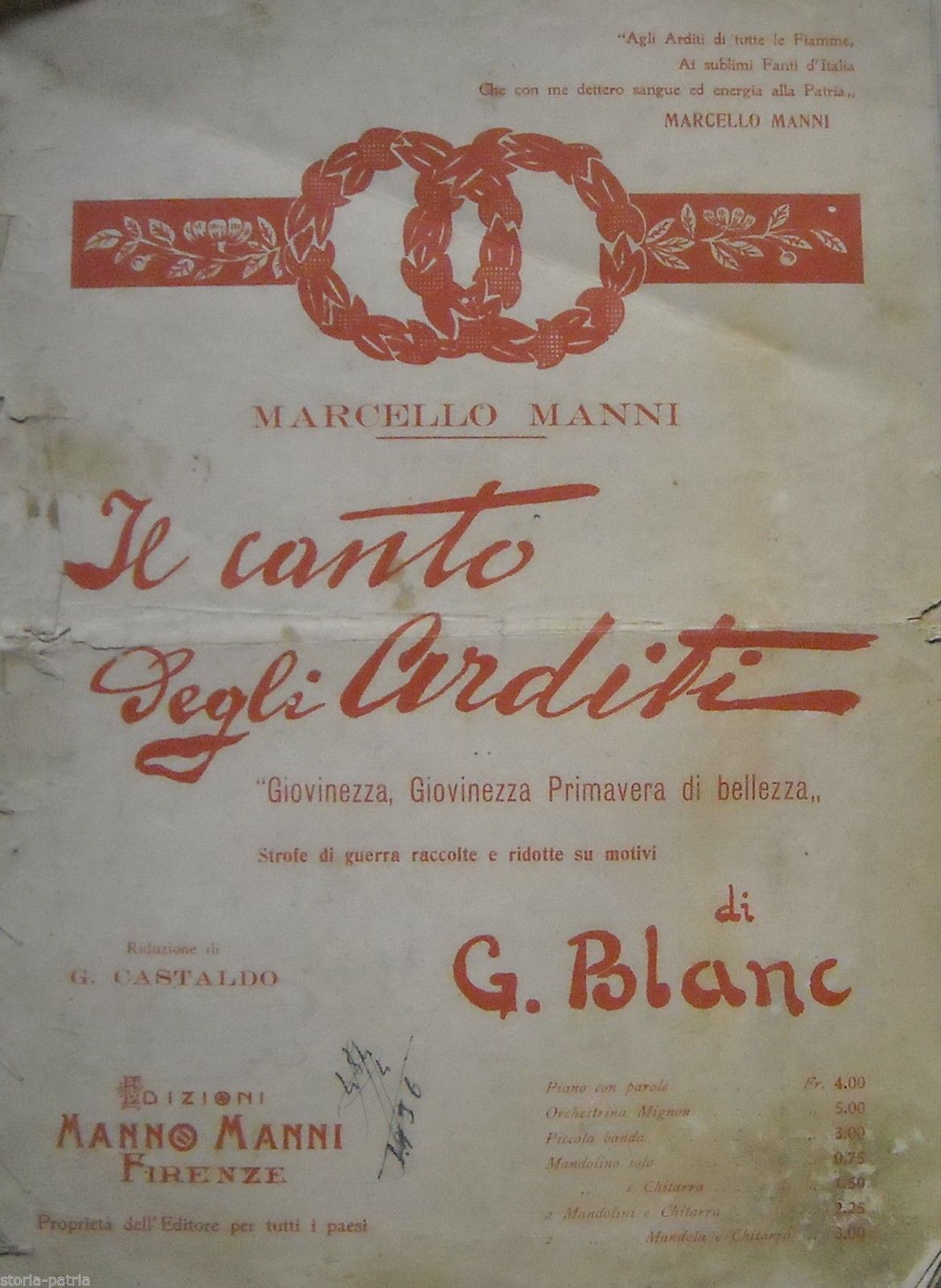 Canto Degli Arditi: Spartito Originale, 1921