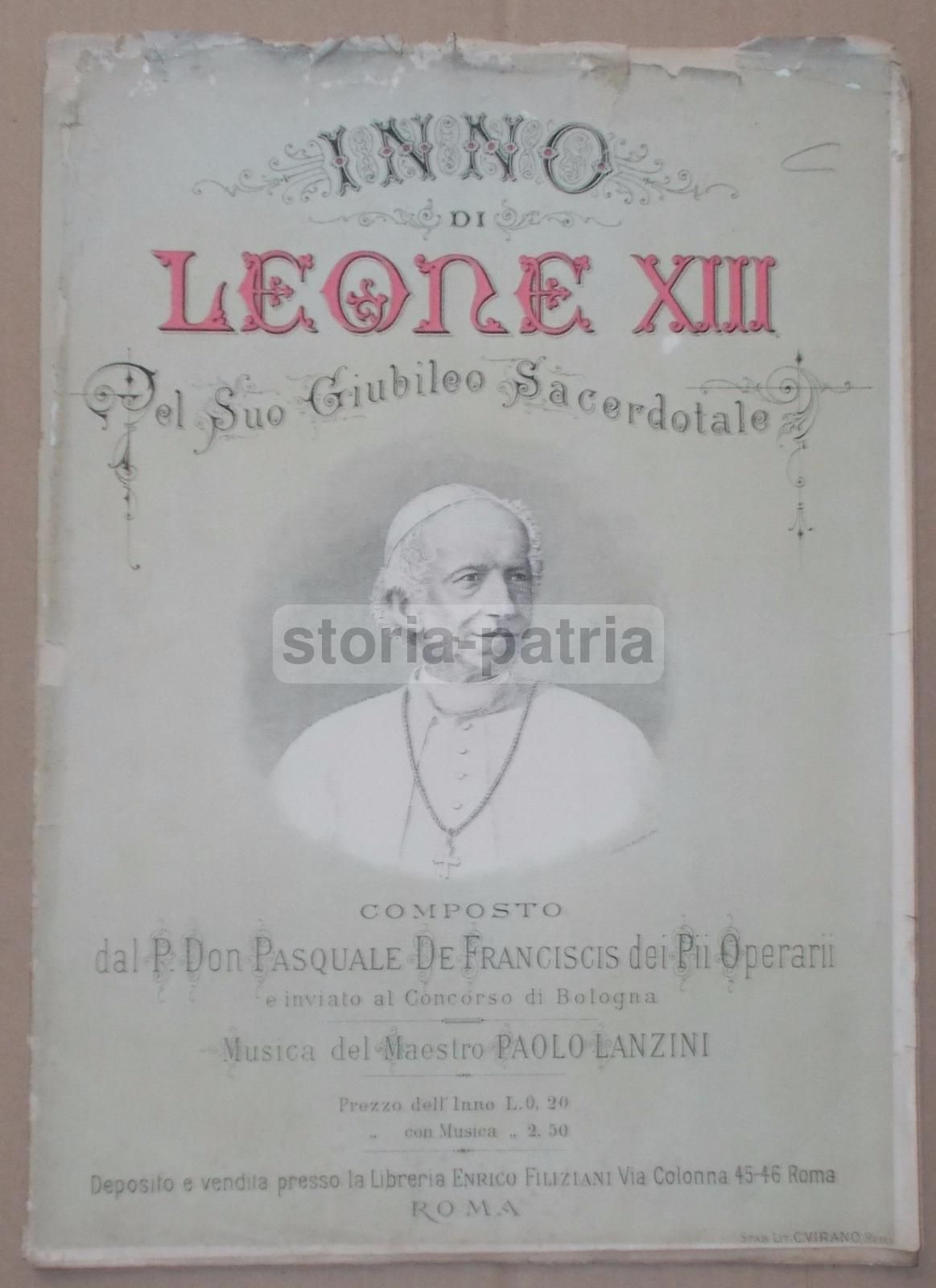 Inno A Leone XIII: Spartito Musicale Di Lanzini E De Franciscis, Fine XIX Secolo