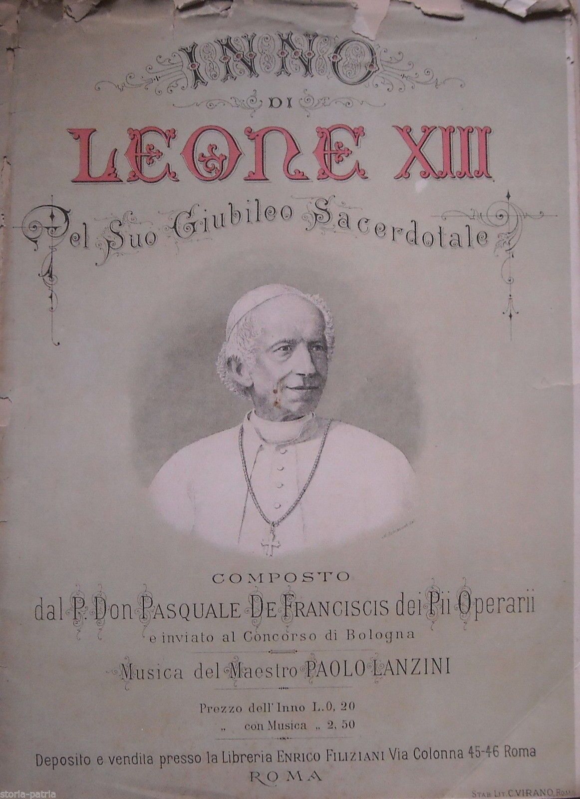 Inno A Leone XIII: Spartito Musicale Di Lanzini E De Franciscis, Fine XIX Secolo