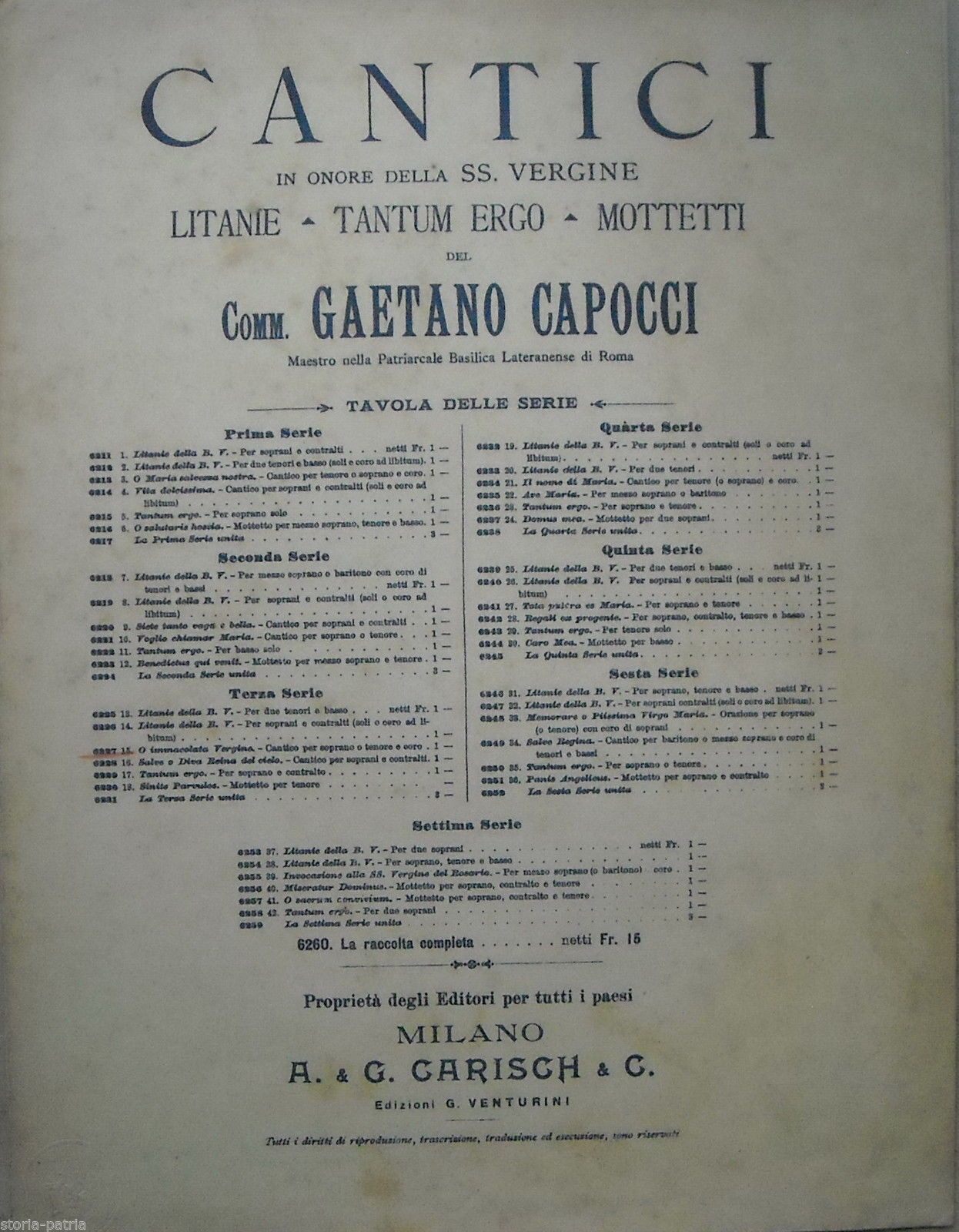 Spartito Antico Gaetano Capocci   O Immacolata Vergine   Carisch, Primo '900
