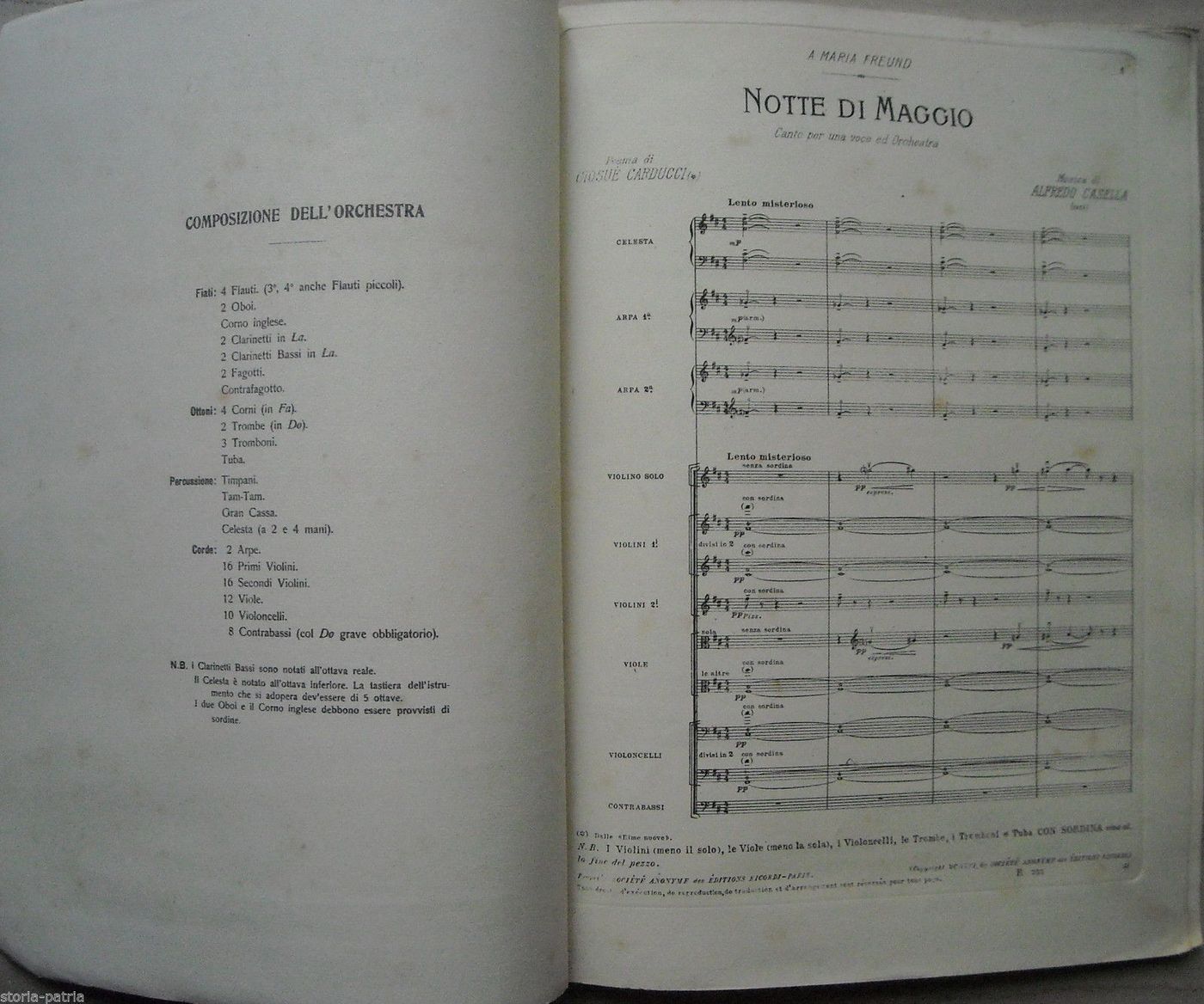 Notte Di Maggio. Spartito Per Canto E Orchestra. Carducci, Casella. Ricordi, 1916.